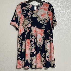 HoneyMe Navy Blue Tunic Top Pink Floral Print Short Sleeve Babydoll Shirt Sz‎ L